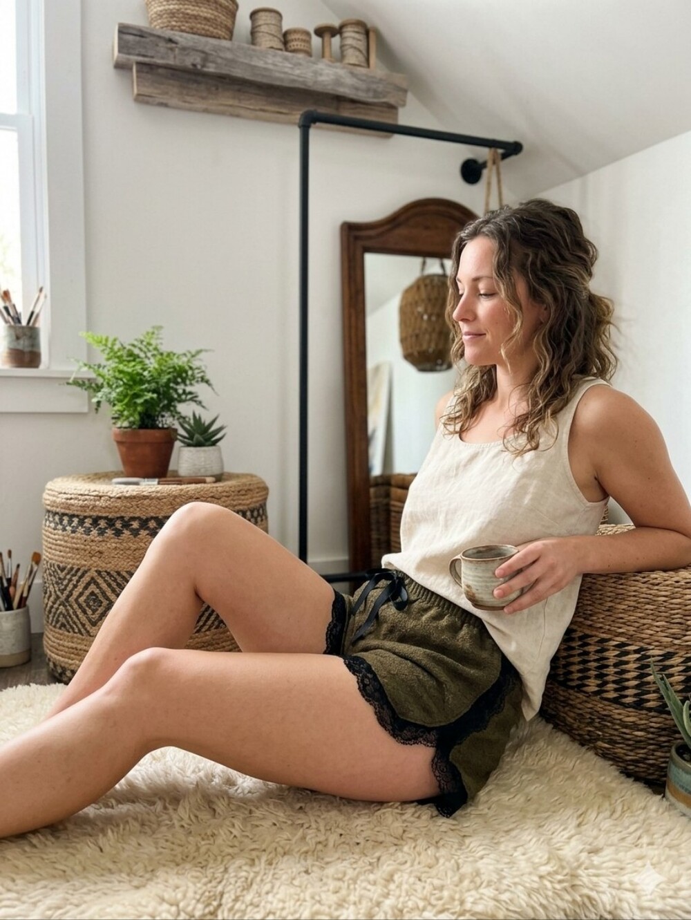 Zara Olive Green Lace-Trim Women's Shorts